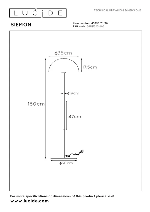 Lucide SIEMON - Vloerlamp - Ø 35 cm - 1xE27 - Zwart - technisch